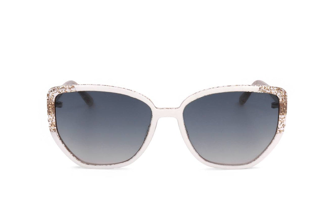 White cat-eye sunglasses with gold flecks and gradient dark lenses on neutral background