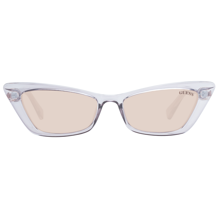 Transparent light purple cat-eye sunglasses with light pink lenses and logo on lens and temple