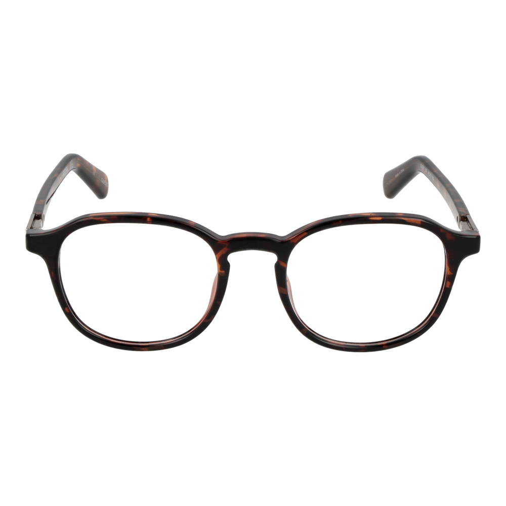 Unisex tortoise shell round eyeglasses in brown-black pattern with metal hinge details on temple