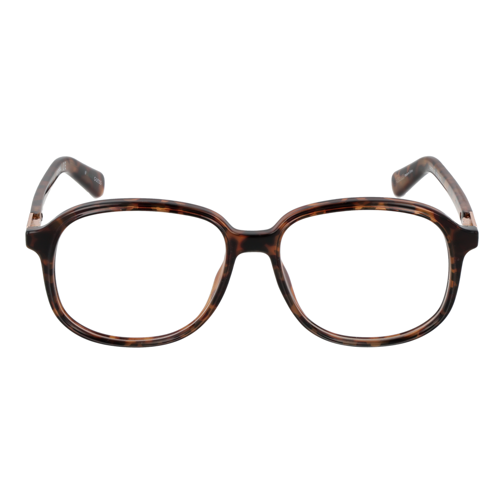 Unisex tortoise brown round eyeglasses with patterned temples and metallic accents, plastic frame frontal view