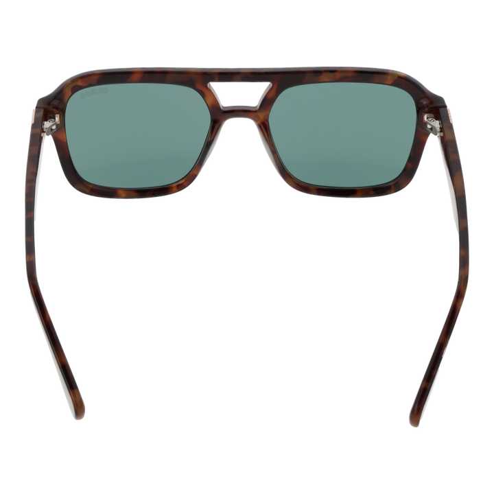 Unisex tortoiseshell square sunglasses with double bridge, gold temple accents and green lenses
