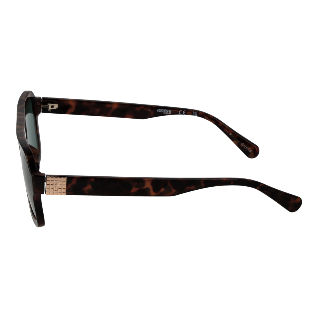 Unisex tortoiseshell square sunglasses with double bridge, gold temple accents and green lenses