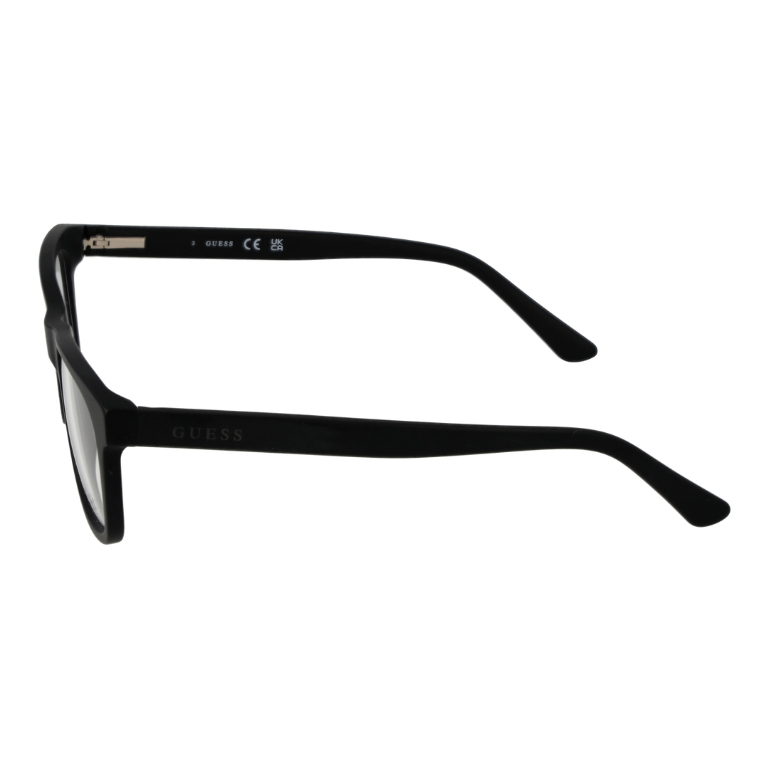 Unisex black full-rim rectangular eyeglasses in plastic on white background showing front and temple