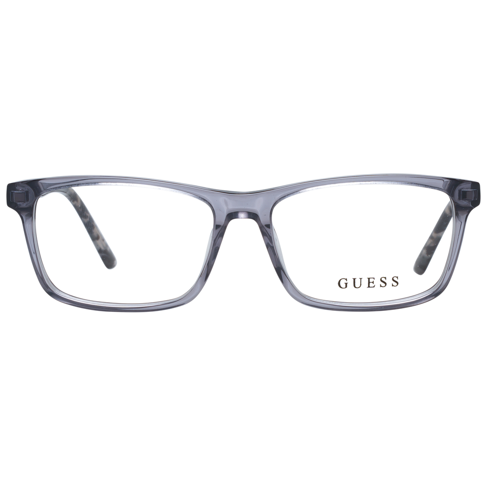 Unisex transparent rectangular eyeglasses with gray front and tortoiseshell patterned arms on neutral background