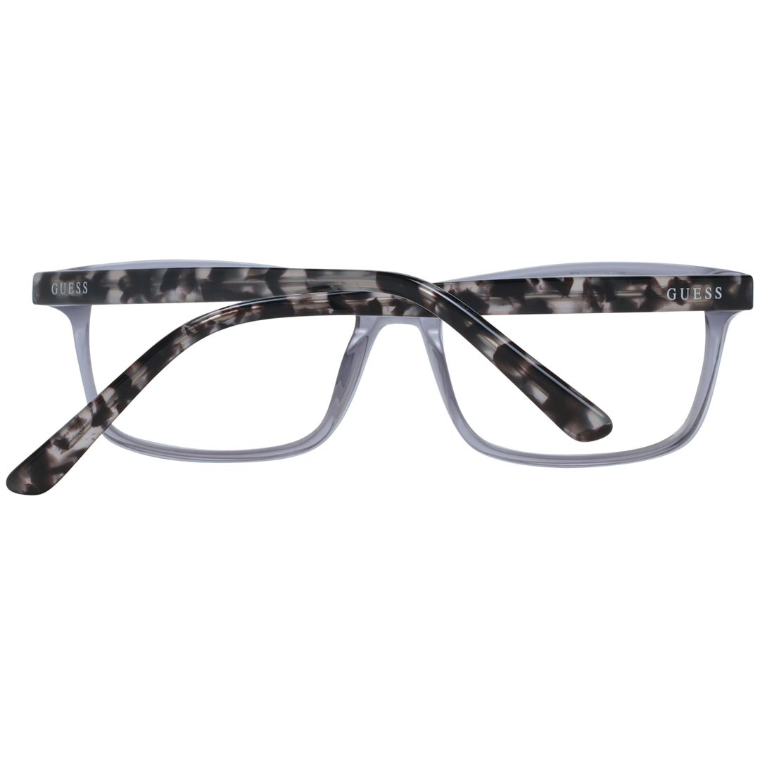 Unisex transparent rectangular eyeglasses with gray front and tortoiseshell patterned arms on neutral background