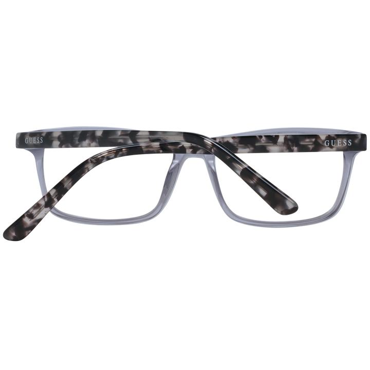 Unisex transparent rectangular eyeglasses with gray front and tortoiseshell patterned arms on neutral background