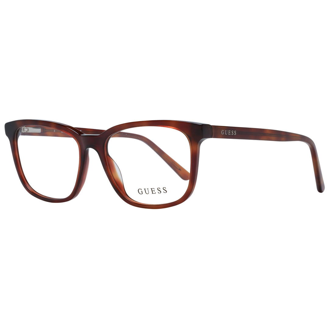 Tortoise brown rectangular full-rim eyeglasses in plastic with branded temple detail, Unisex style