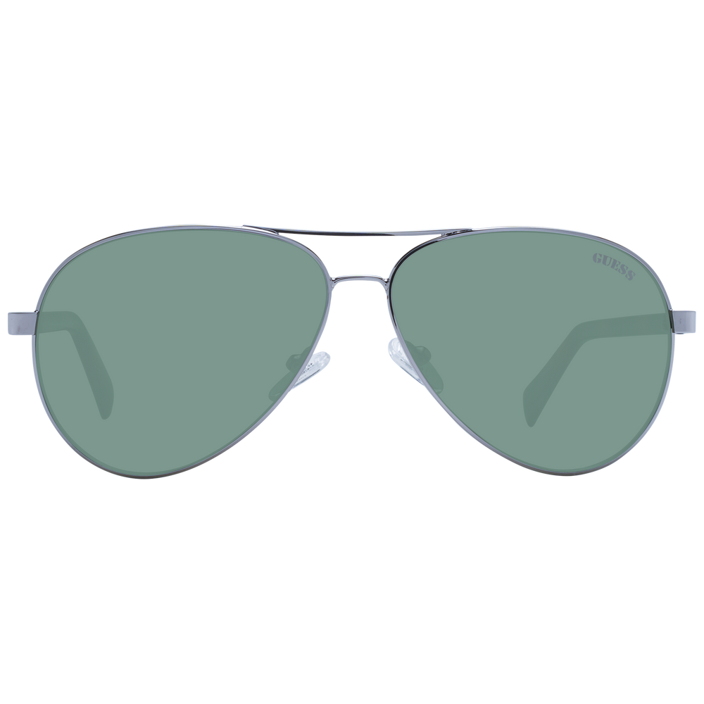 Unisex silver aviator sunglasses with green lenses and tortoiseshell plastic arms on white background