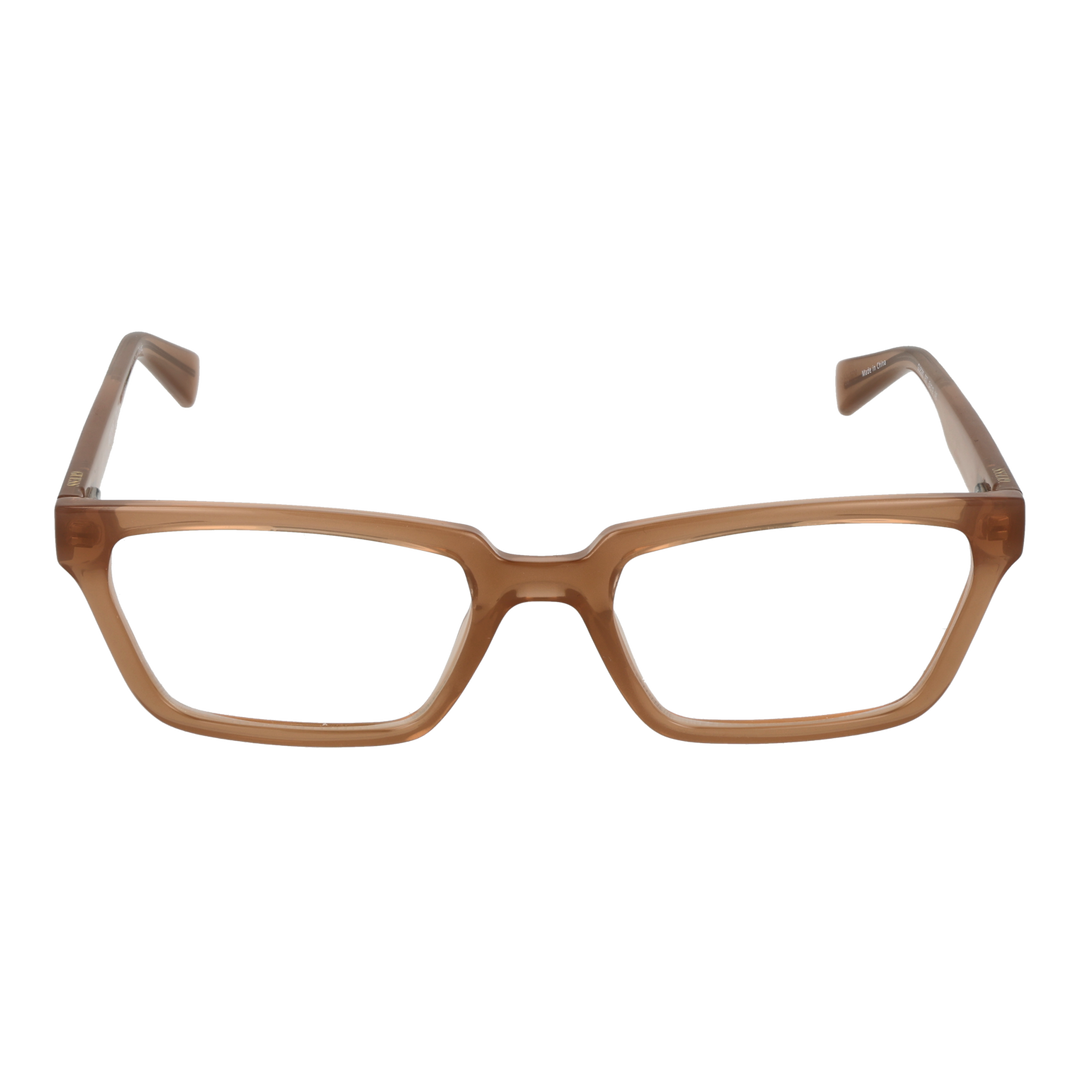 Unisex transparent brown plastic rectangular eyeglasses with low-profile temples, modern full-rim frame