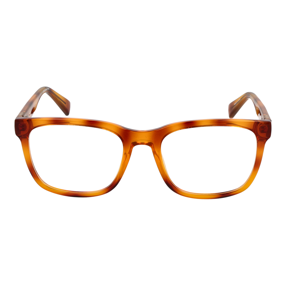 Unisex transparent tortoise square eyeglasses in plastic with modern square lenses on neutral background