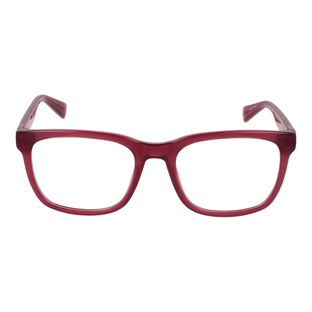 Red plastic full-rim rectangular eyeglasses on neutral background, modern frame for Women