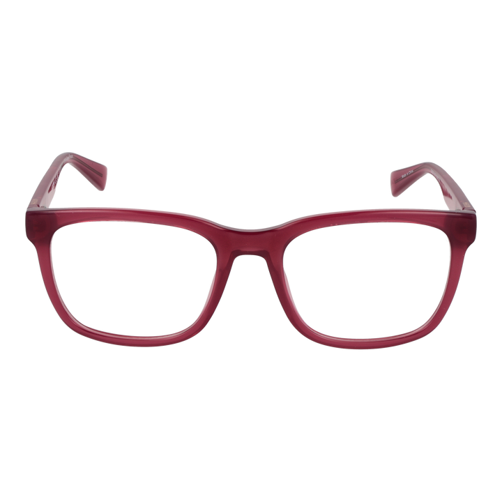 Red plastic full-rim rectangular eyeglasses on neutral background, modern frame for Women