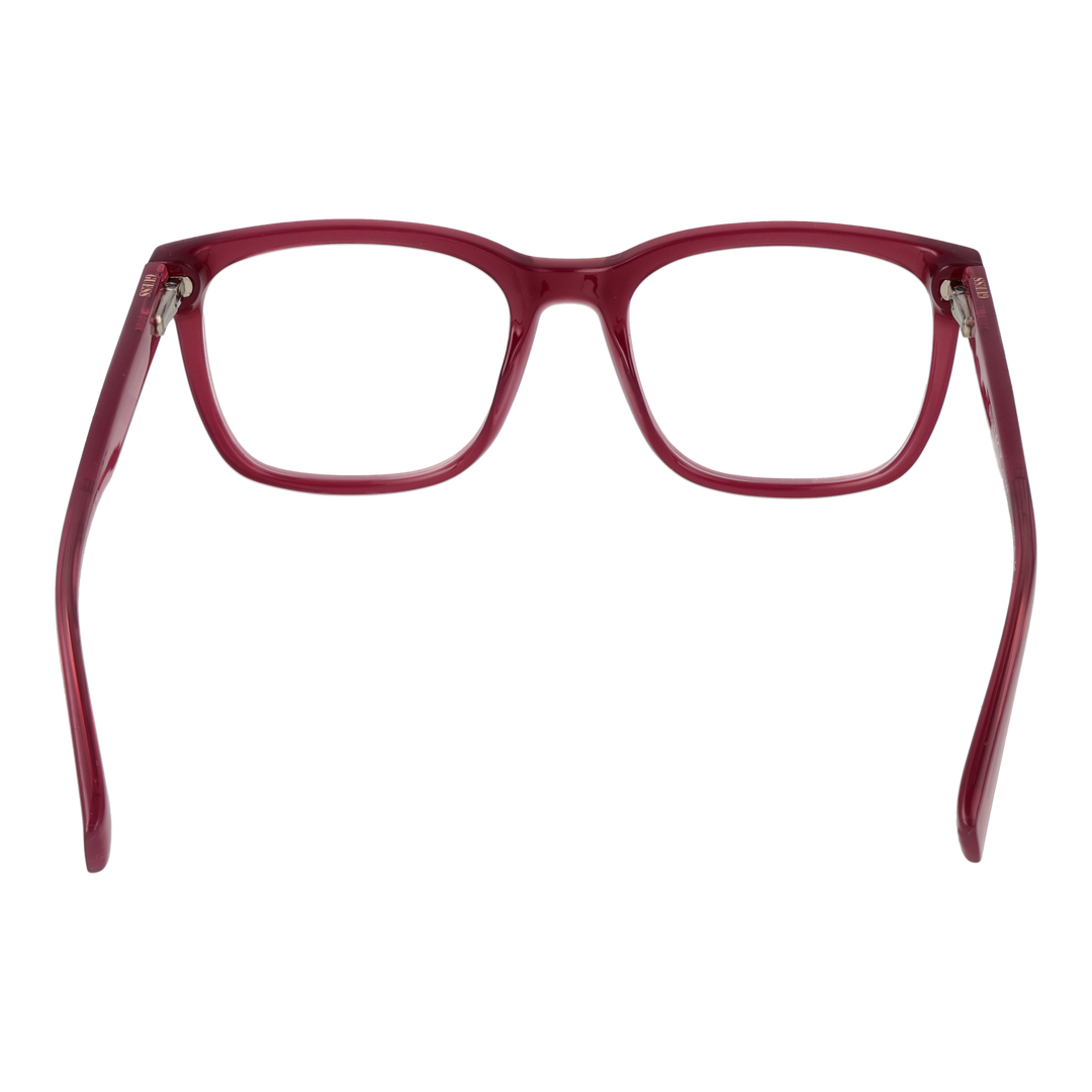Red plastic full-rim rectangular eyeglasses on neutral background, modern frame for Women