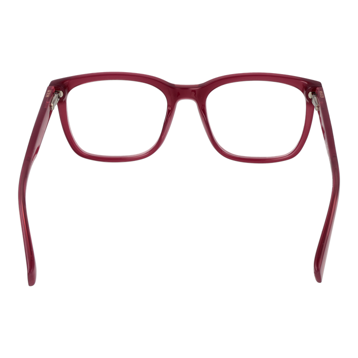 Red plastic full-rim rectangular eyeglasses on neutral background, modern frame for Women