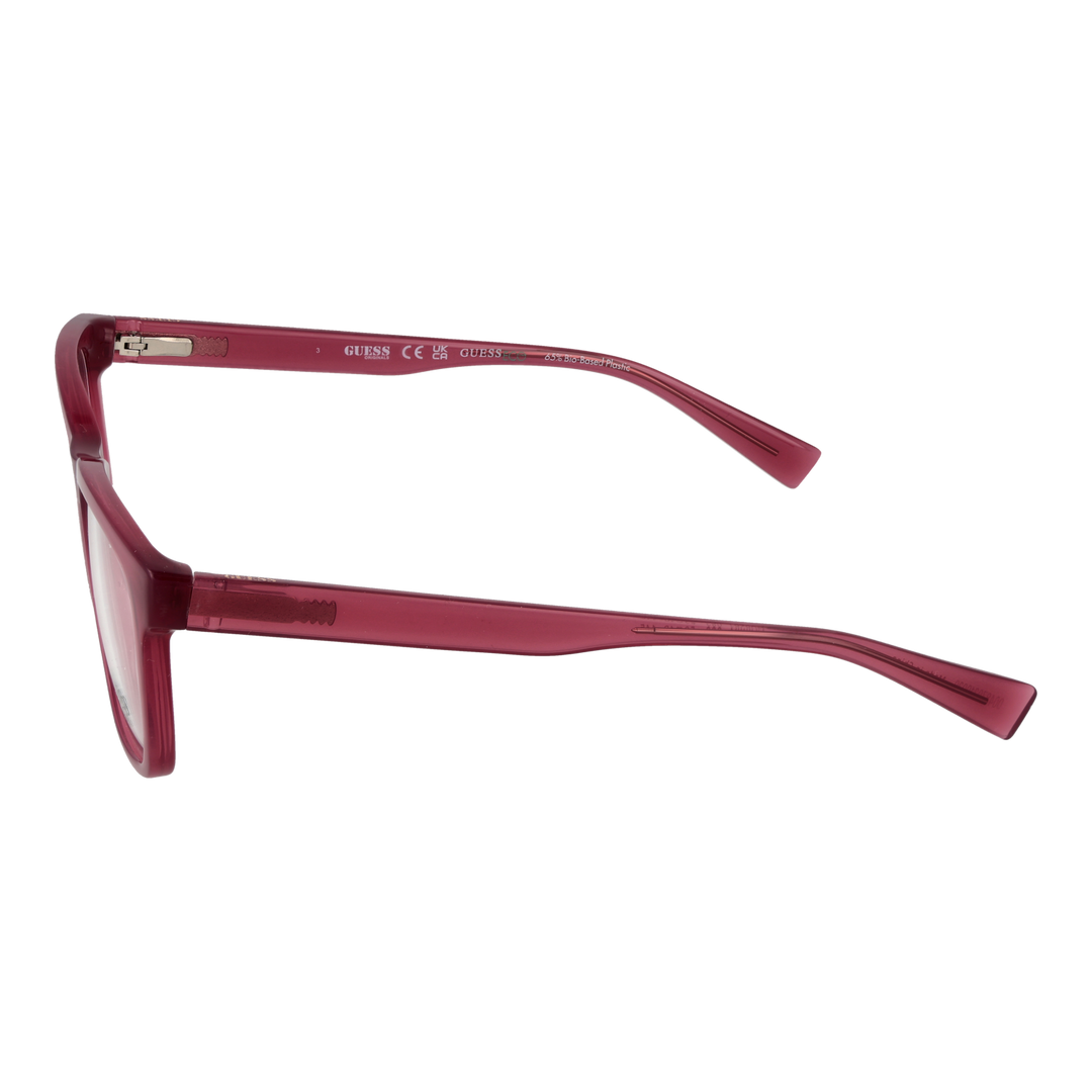 Red plastic full-rim rectangular eyeglasses on neutral background, modern frame for Women