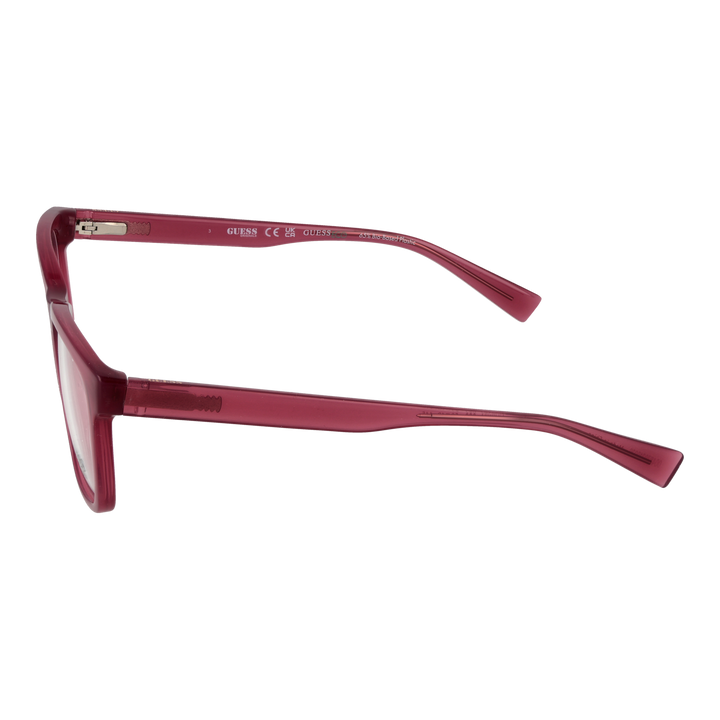 Red plastic full-rim rectangular eyeglasses on neutral background, modern frame for Women