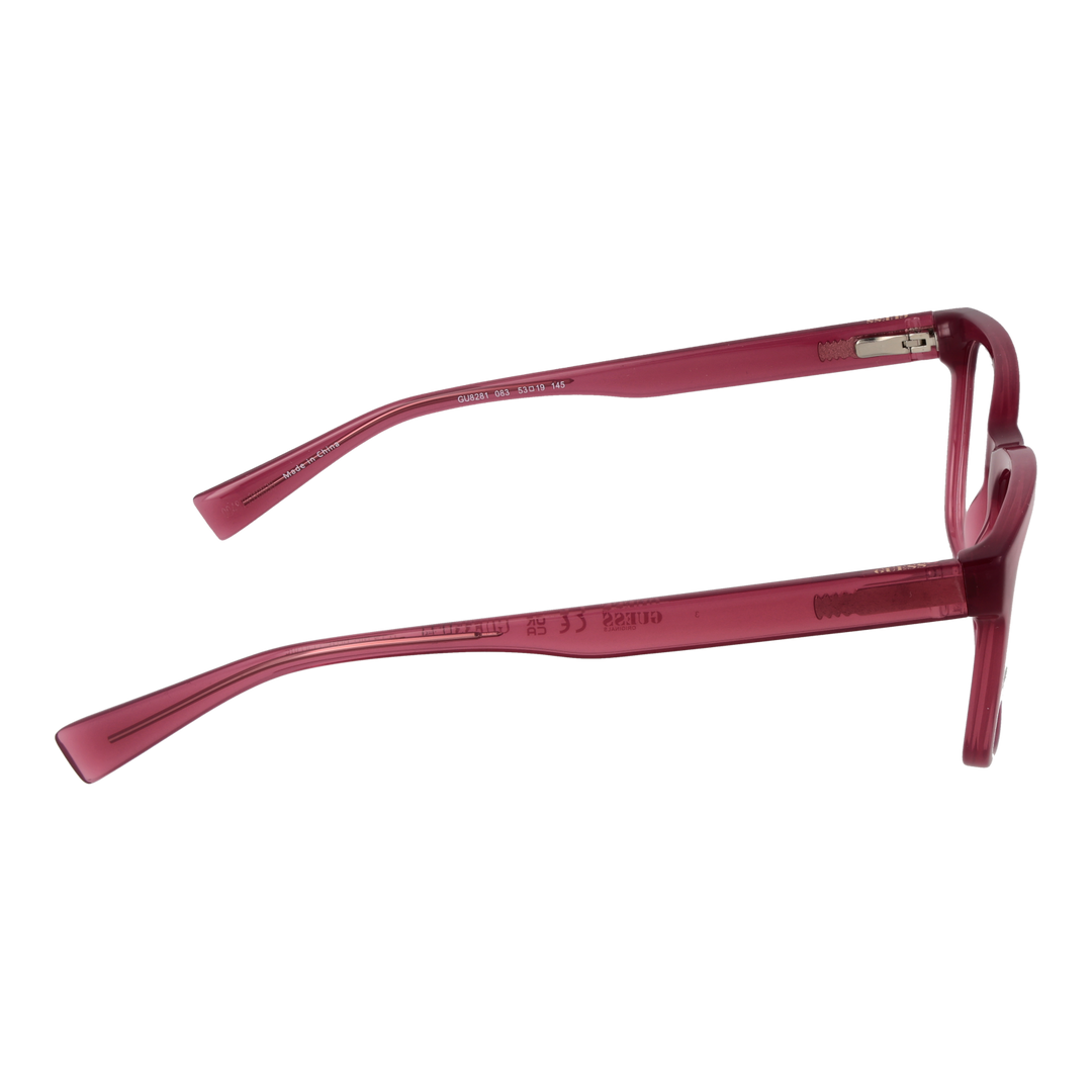 Red plastic full-rim rectangular eyeglasses on neutral background, modern frame for Women
