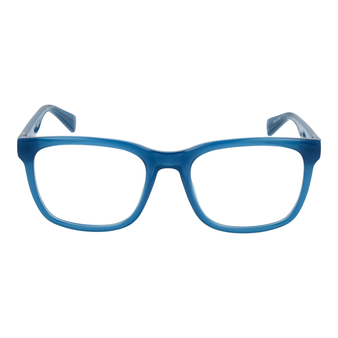 Transparent blue full-rim rectangular eyeglasses on white background, Unisex plastic frame, clear lenses
