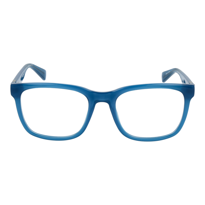 Transparent blue full-rim rectangular eyeglasses on white background, Unisex plastic frame, clear lenses