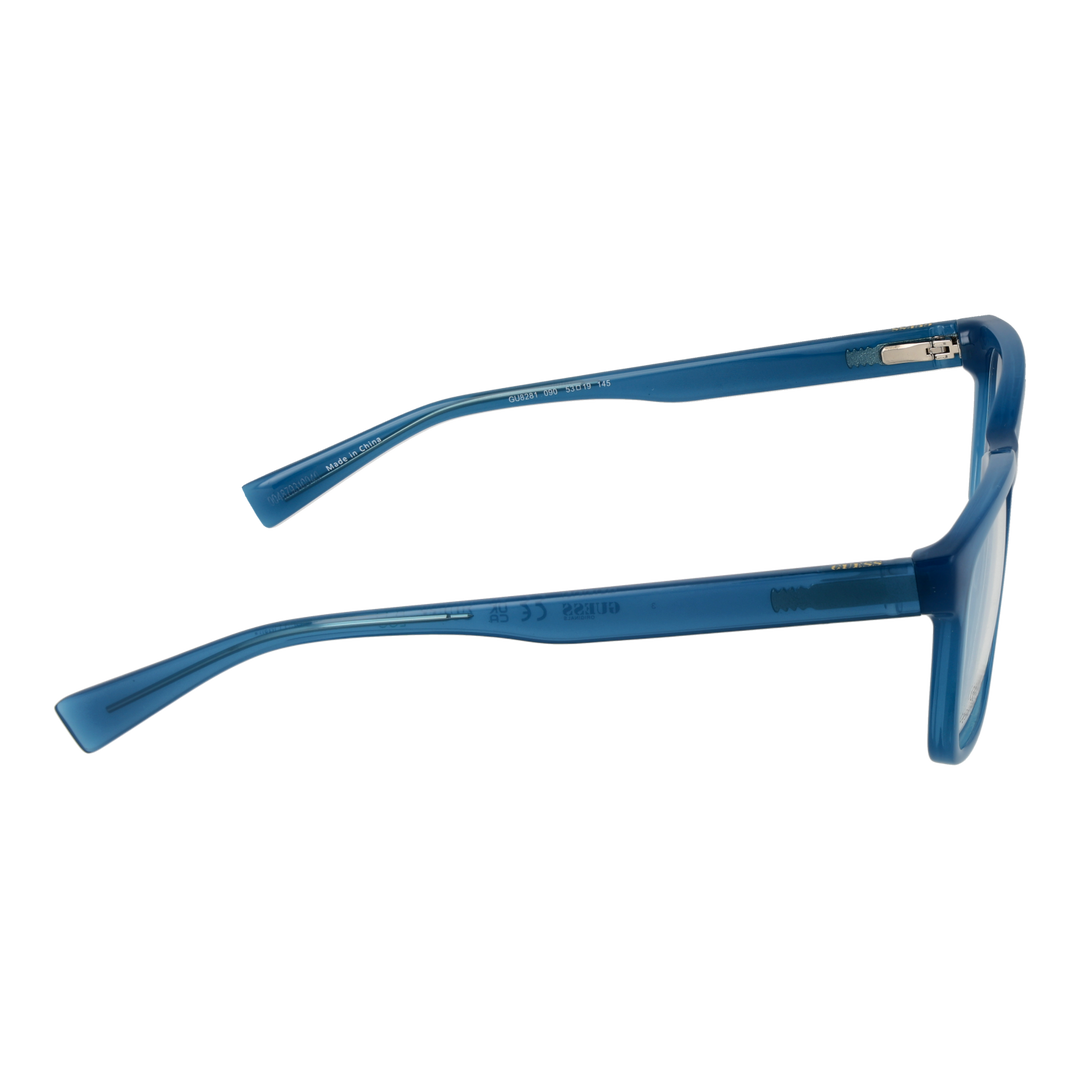 Transparent blue full-rim rectangular eyeglasses on white background, Unisex plastic frame, clear lenses