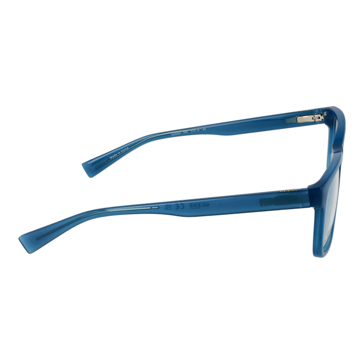 Transparent blue full-rim rectangular eyeglasses on white background, Unisex plastic frame, clear lenses