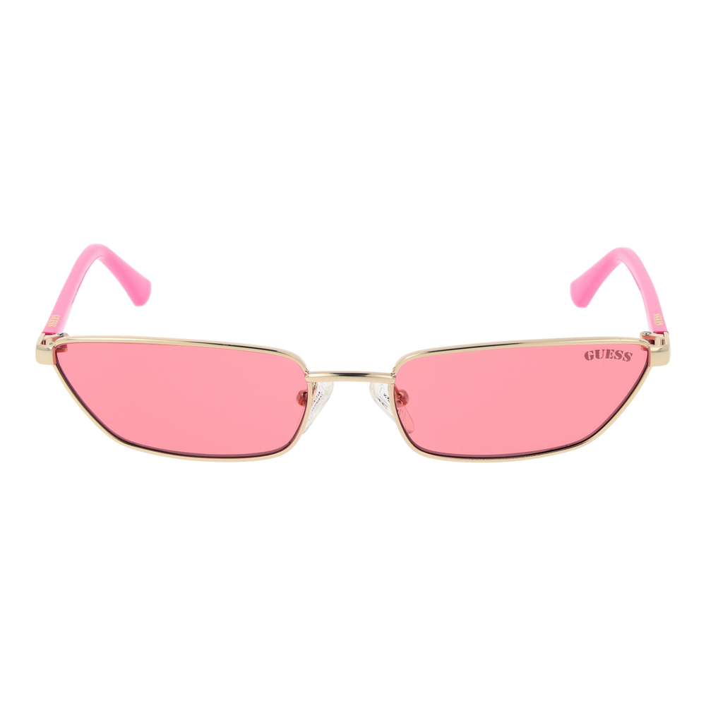 Gold thin metal rectangular sunglasses with pink lenses, adjustable nose pads, and plastic temple tips on neutral background