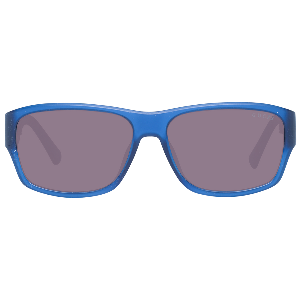 Blue and yellow rectangular sunglasses in plastic frame, side temple logo visible, casual styling