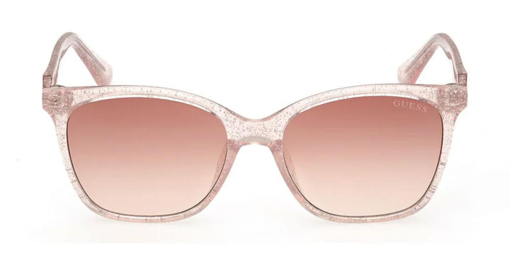 Pink square sunglasses with gradient lenses, glitter-embedded plastic frame and logo on temple