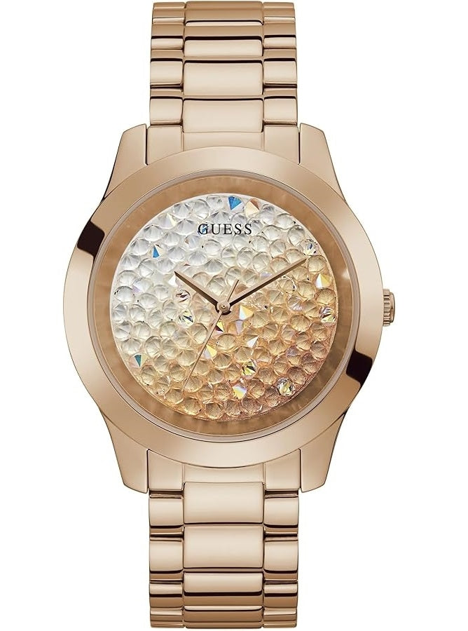 Rose gold stainless steel wristwatch on white background, textured mineral dial, bracelet strap