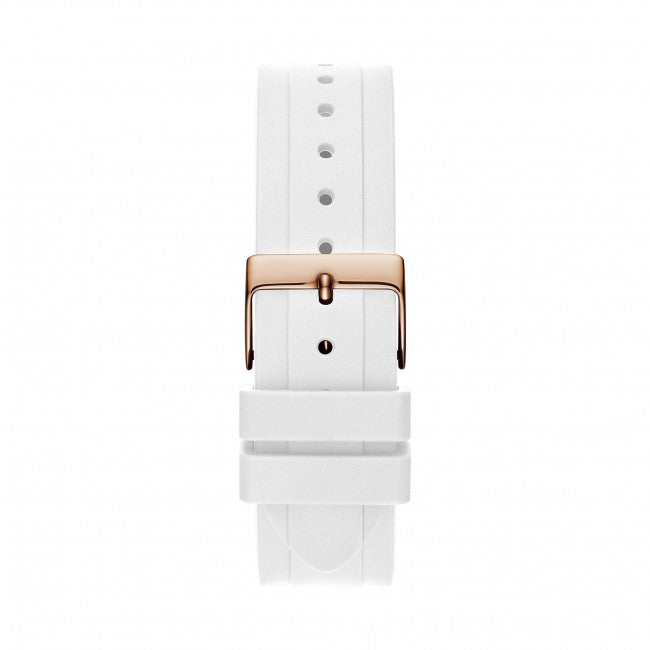 Rose gold chronograph wristwatch on white dial, crystal accents, silicone strap, luxury finish