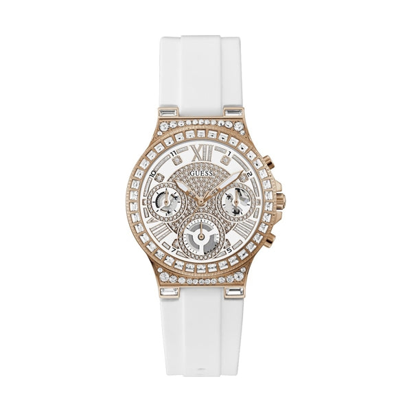 Rose gold chronograph wristwatch on white dial, crystal accents, silicone strap, luxury finish