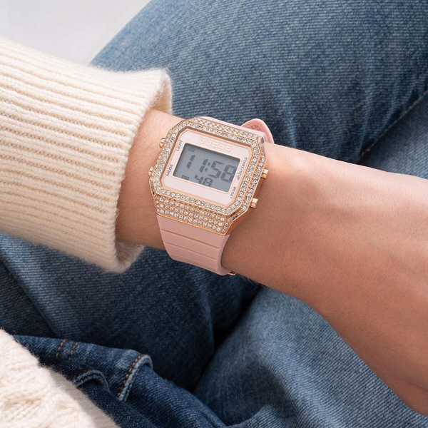 Guess digital watch for Man: rose-gold case, clear crystals, light-pink plastic strap, digital display