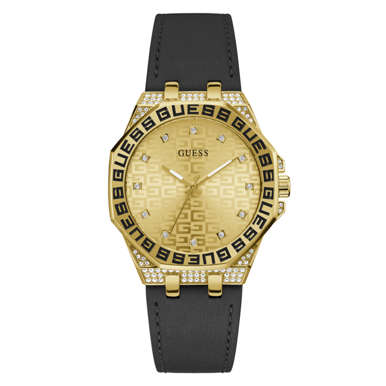 Gold stainless steel watch with black leather strap, crystal-set dial, 38mm case, quartz movement
