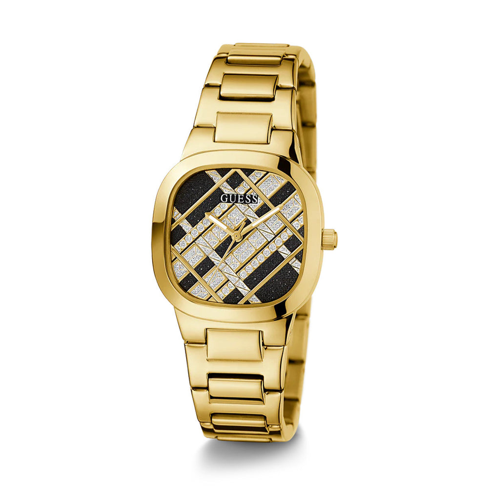 Gold metal wristwatch for Women with square face, geometric crystal-set dial and metal link bracelet