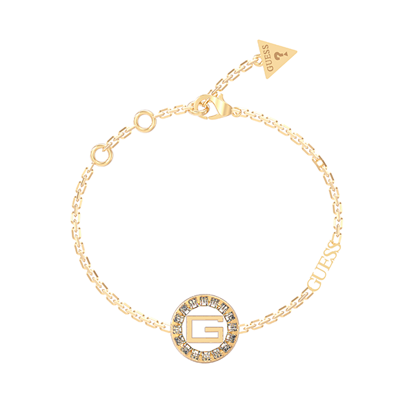 Gold chain bracelet with circular G charm surrounded by crystals and small triangle tag