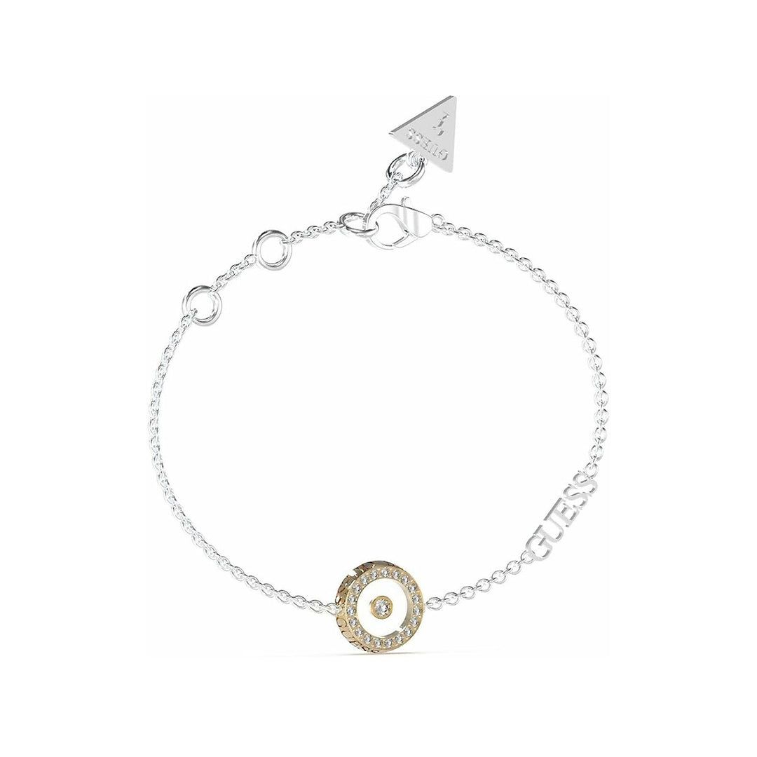 Delicate mixed-metal chain bracelet with circular stone pendant, lobster clasp and triangle tag on neutral background