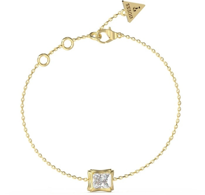 Gold chain bracelet for Women with square gemstone centerpiece and triangle tag on adjustable clasp