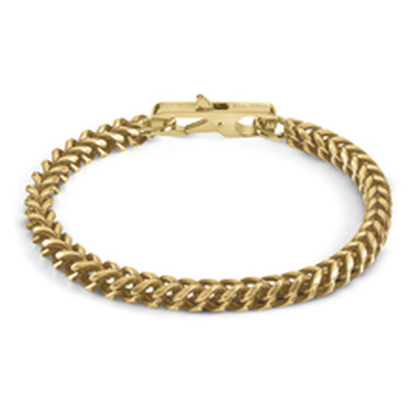 Gold chain link bracelet for Man with polished metal links and secure clasp on neutral background