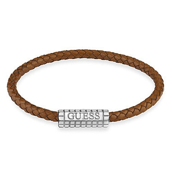 Braided brown leather bracelet with silver metal clasp on neutral background, casual men&