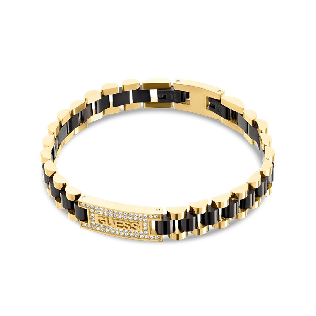 Gold-tone chain bracelet for Man with rectangular crystal-set plate on black background