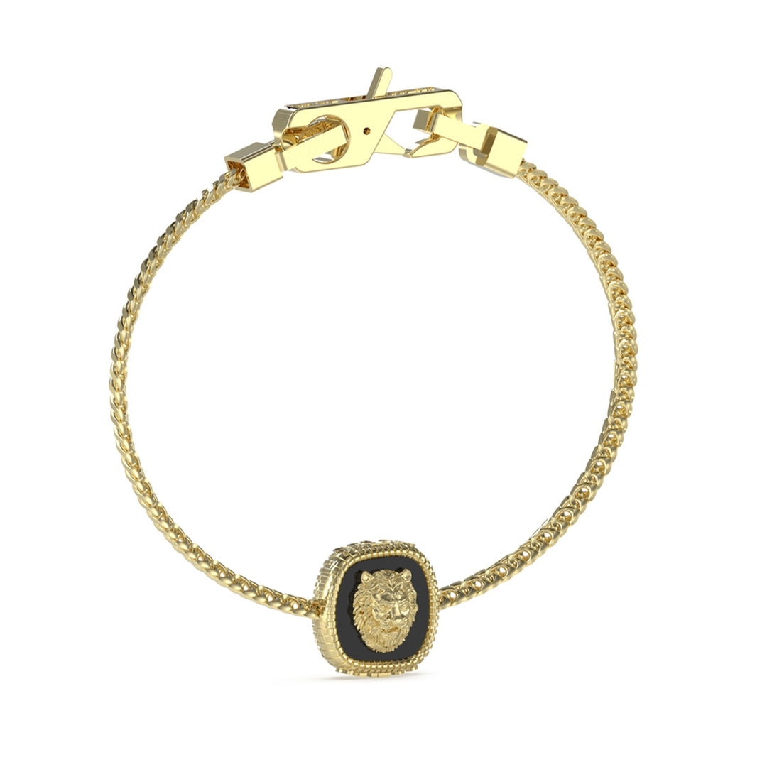 Gold chain bracelet with black square pendant featuring engraved lion head on a Man&