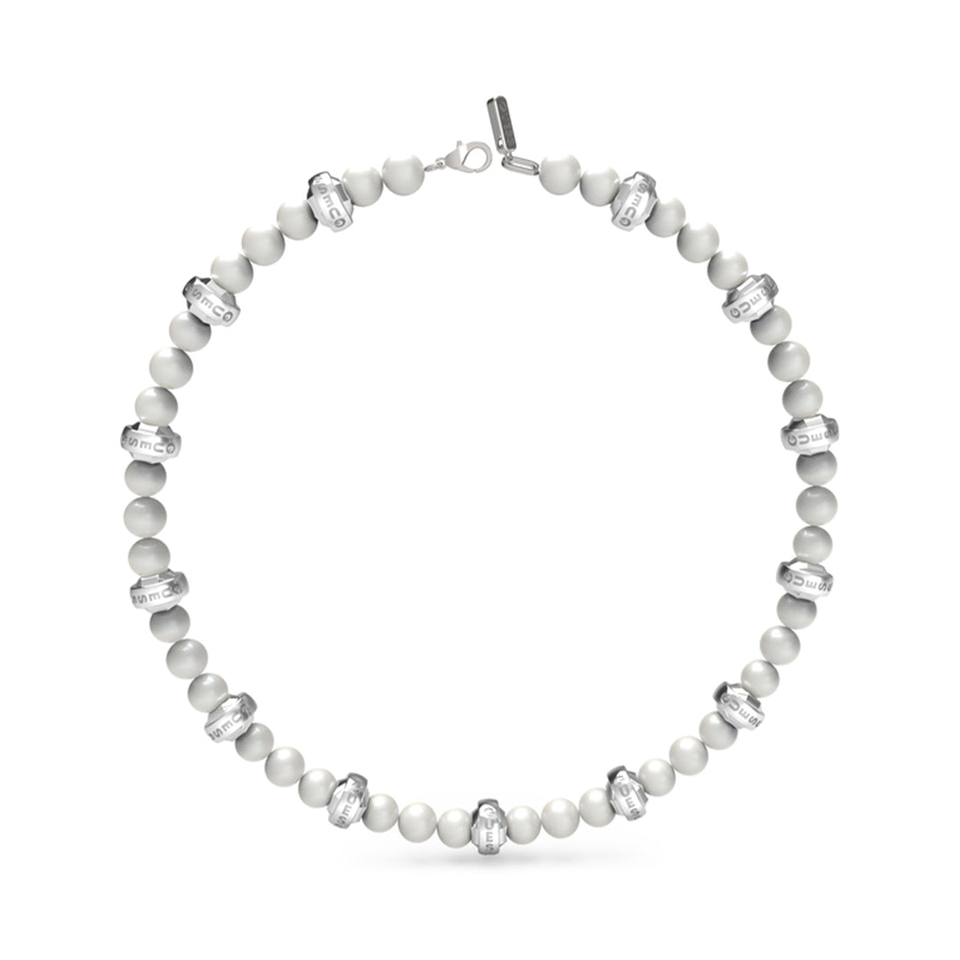 Unisex silver and white beaded necklace with lettered beads and metal clasp on a white background