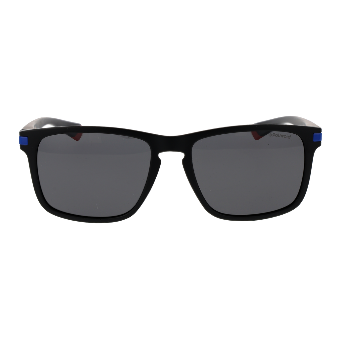 Black sporty rectangular sunglasses with blue and red accents, textured temple arms, polarized lenses