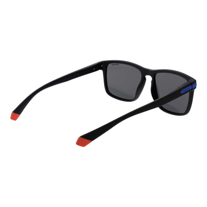 Black sporty rectangular sunglasses with blue and red accents, textured temple arms, polarized lenses
