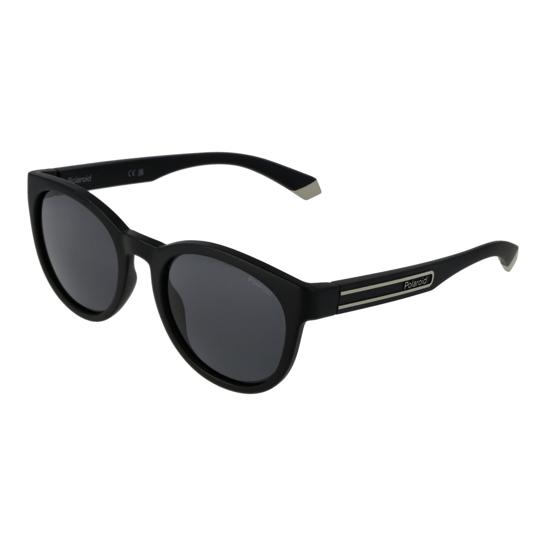 Black Unisex round sunglasses in plastic frame with polarized lenses and silver temple stripes, angled view showing logo