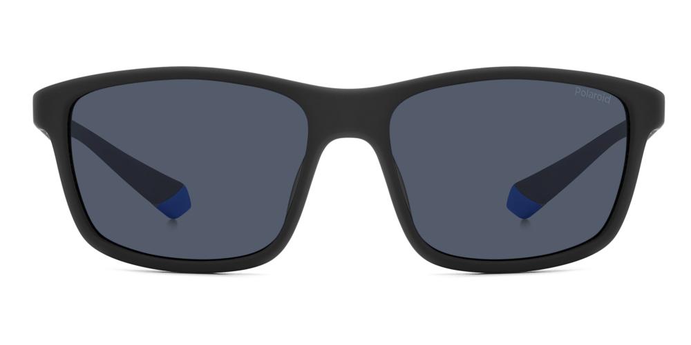Black rectangular sport sunglasses with blue accents, polarized lenses and Polaroid logo on temples and lens
