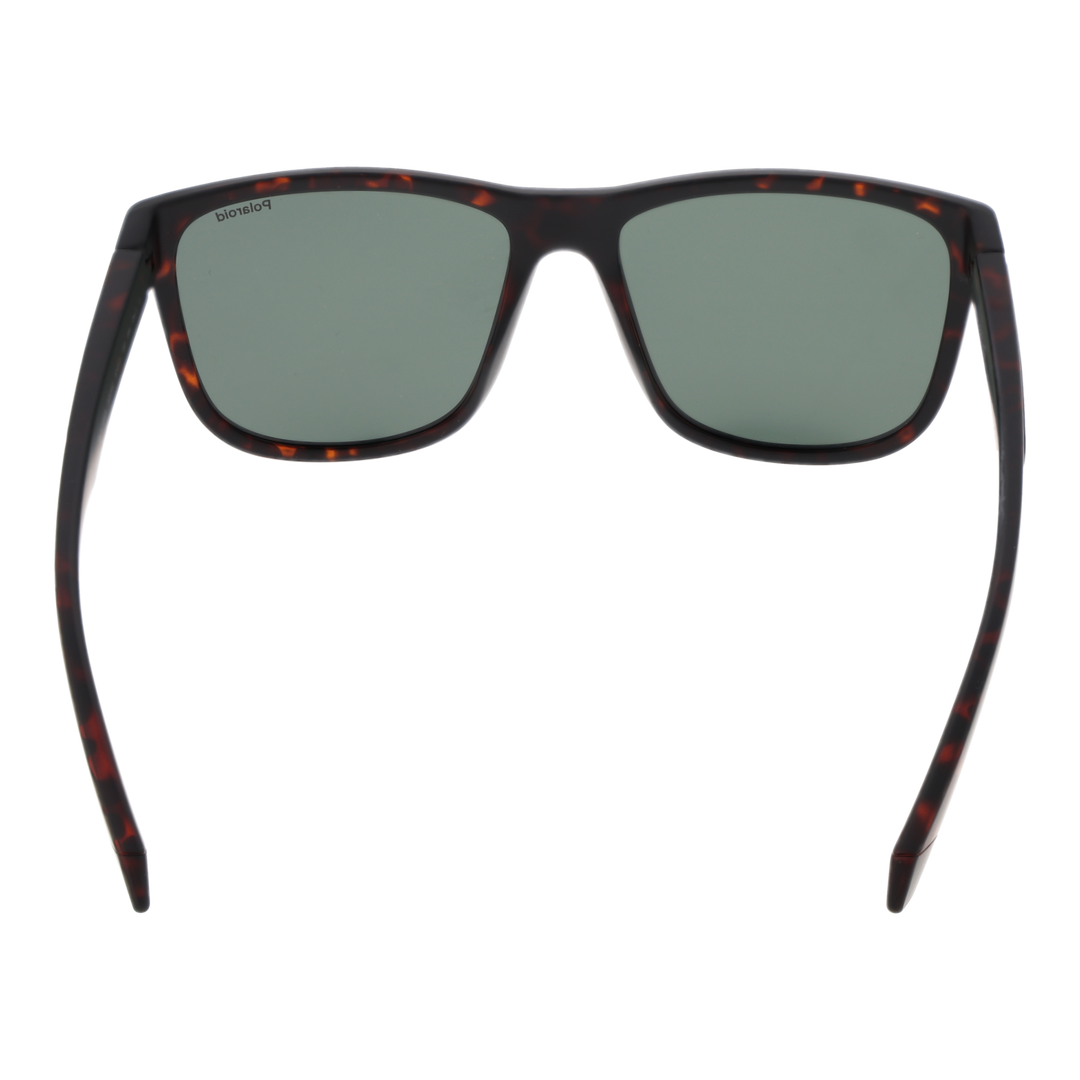 Tortoiseshell rectangular sunglasses in plastic frame with dark green polarized lenses, temple logo visible