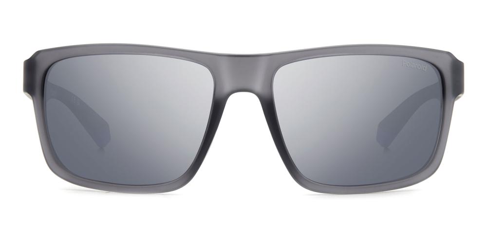 Gray rectangular sport sunglasses with blue accents, polarized lenses and logo on temple and lens