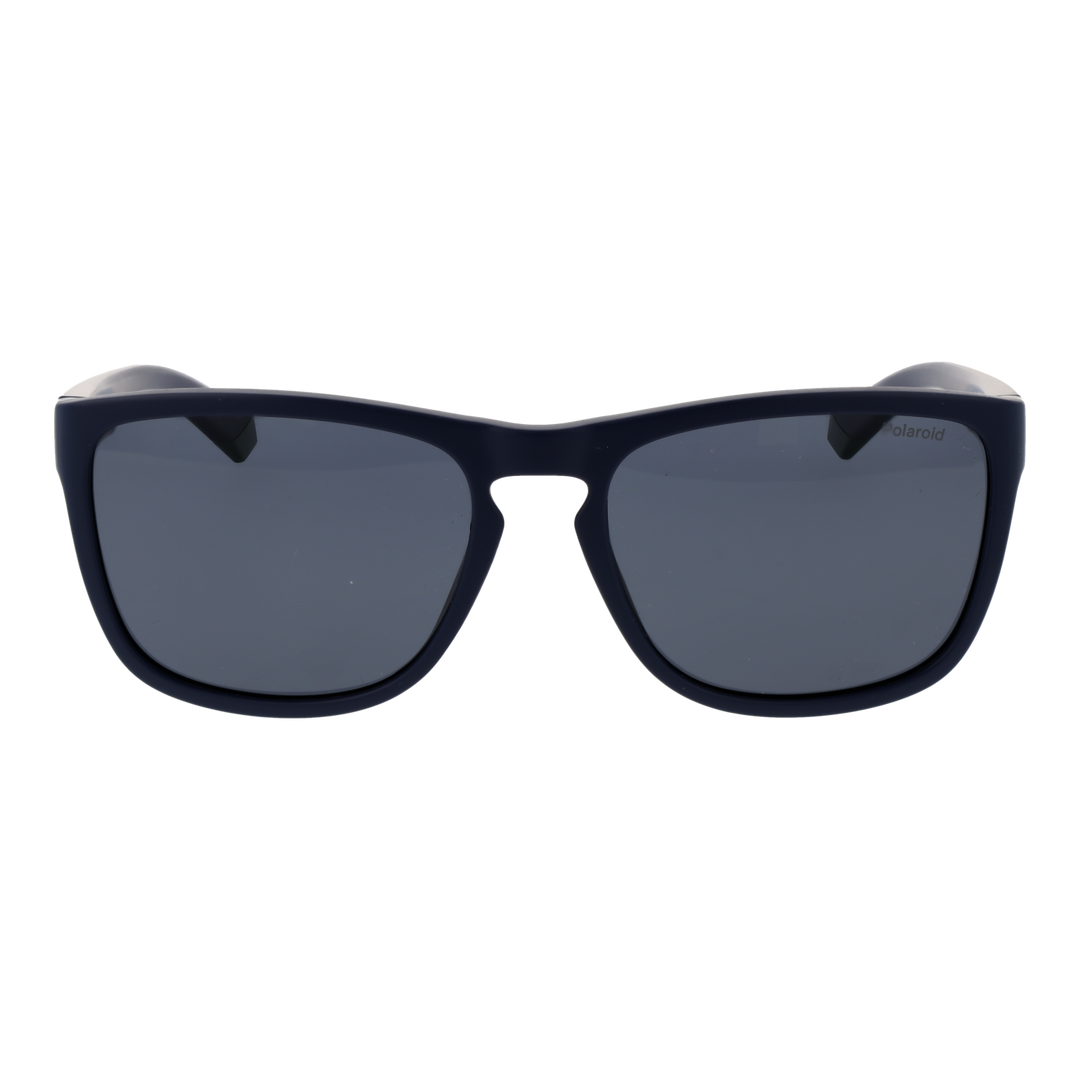 Dark blue rectangular plastic sunglasses with polarized lenses and subtle side stripes on a neutral background