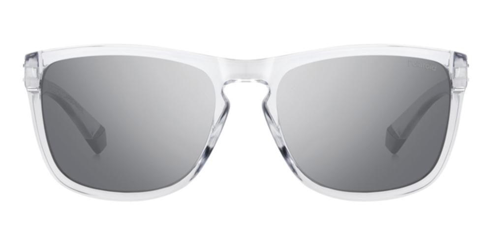 Clear recycled polycarbonate rectangular sunglasses with gray polarized lenses, modern sporty Unisex design
